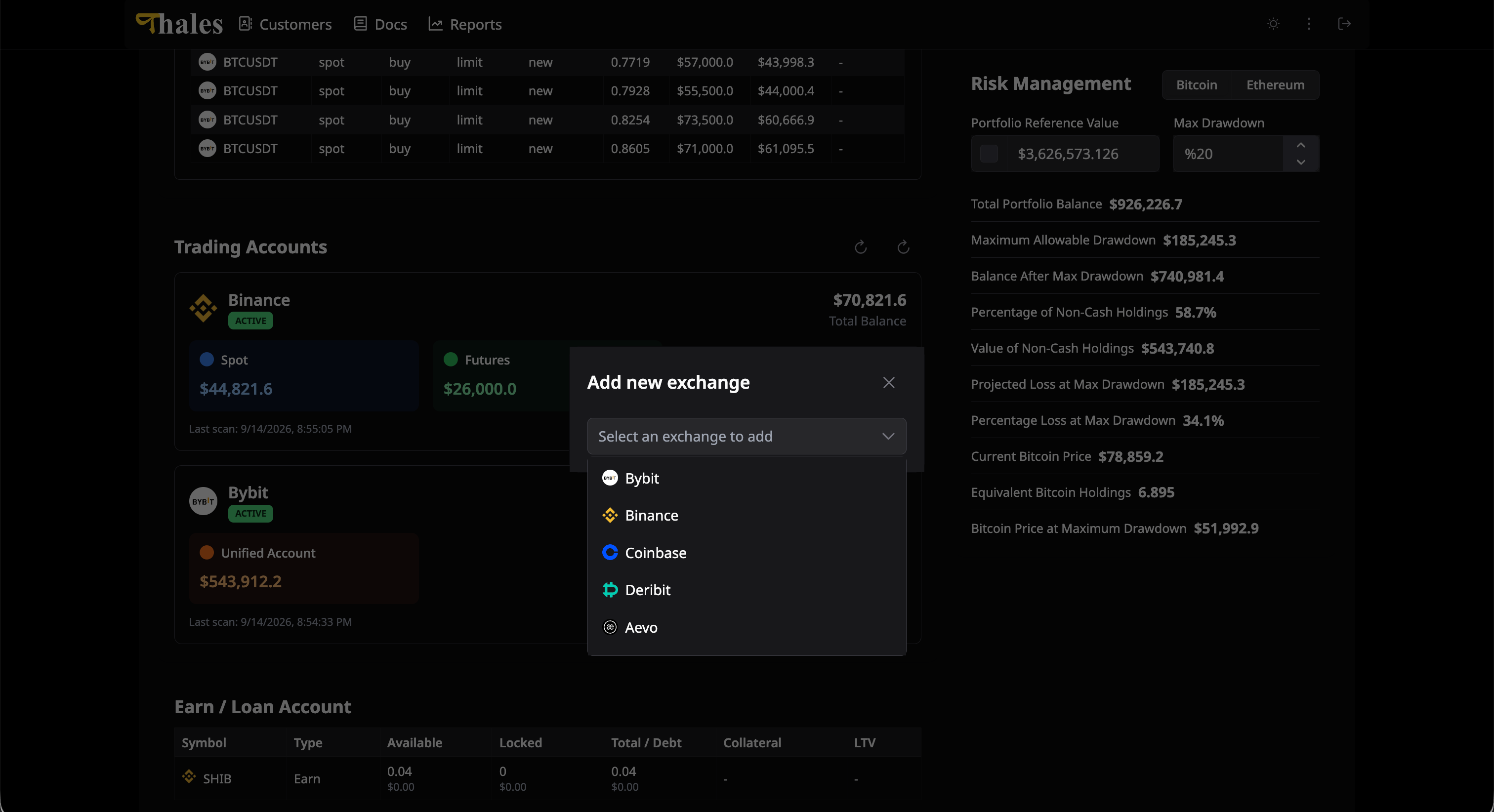 CPM trading accounts with an add-exchange dialog open, and a risk management panel beside them.