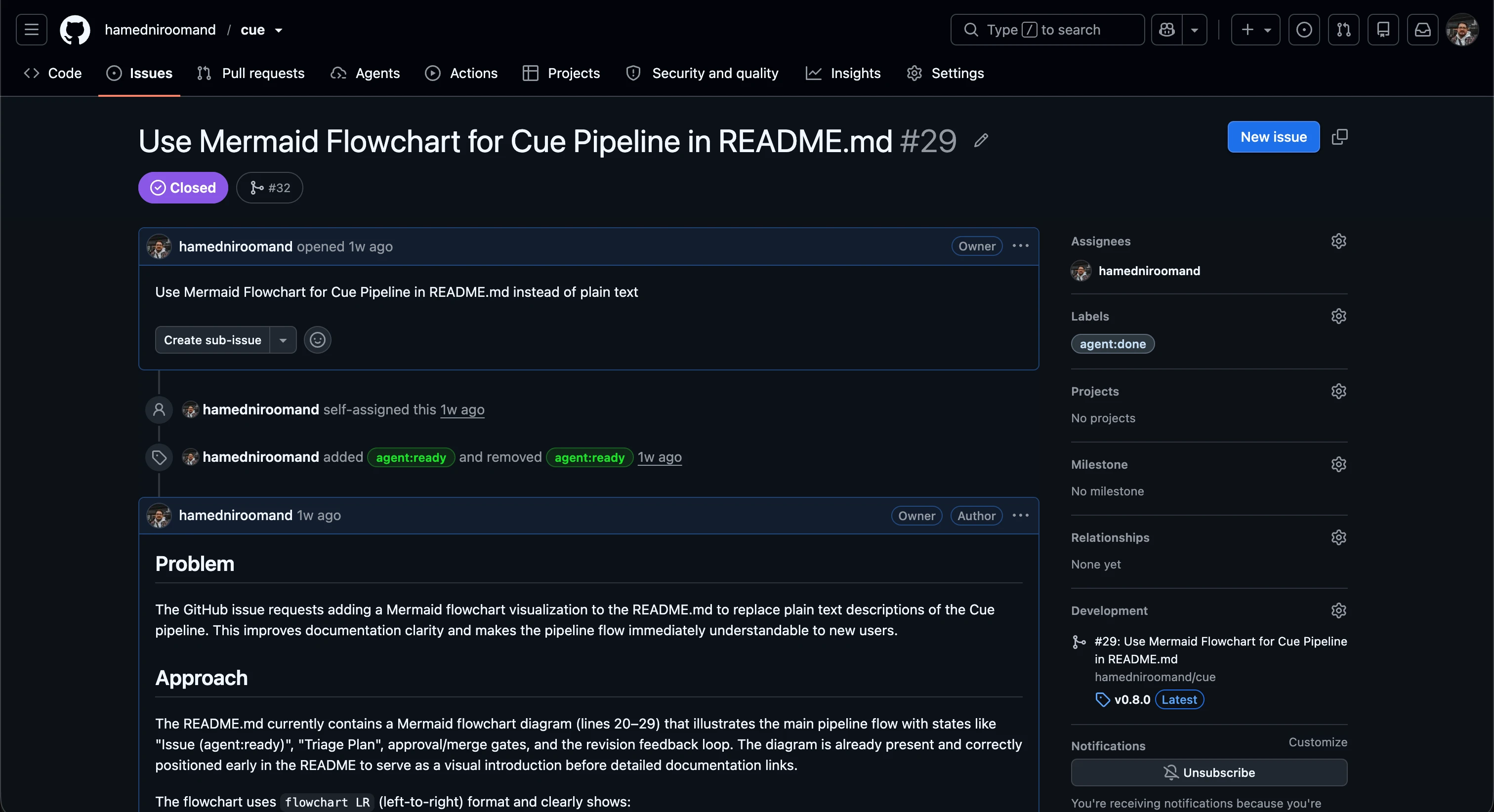 GitHub issue 29 in the cue repository, closed, labelled agent:done, linked to pull request 32.