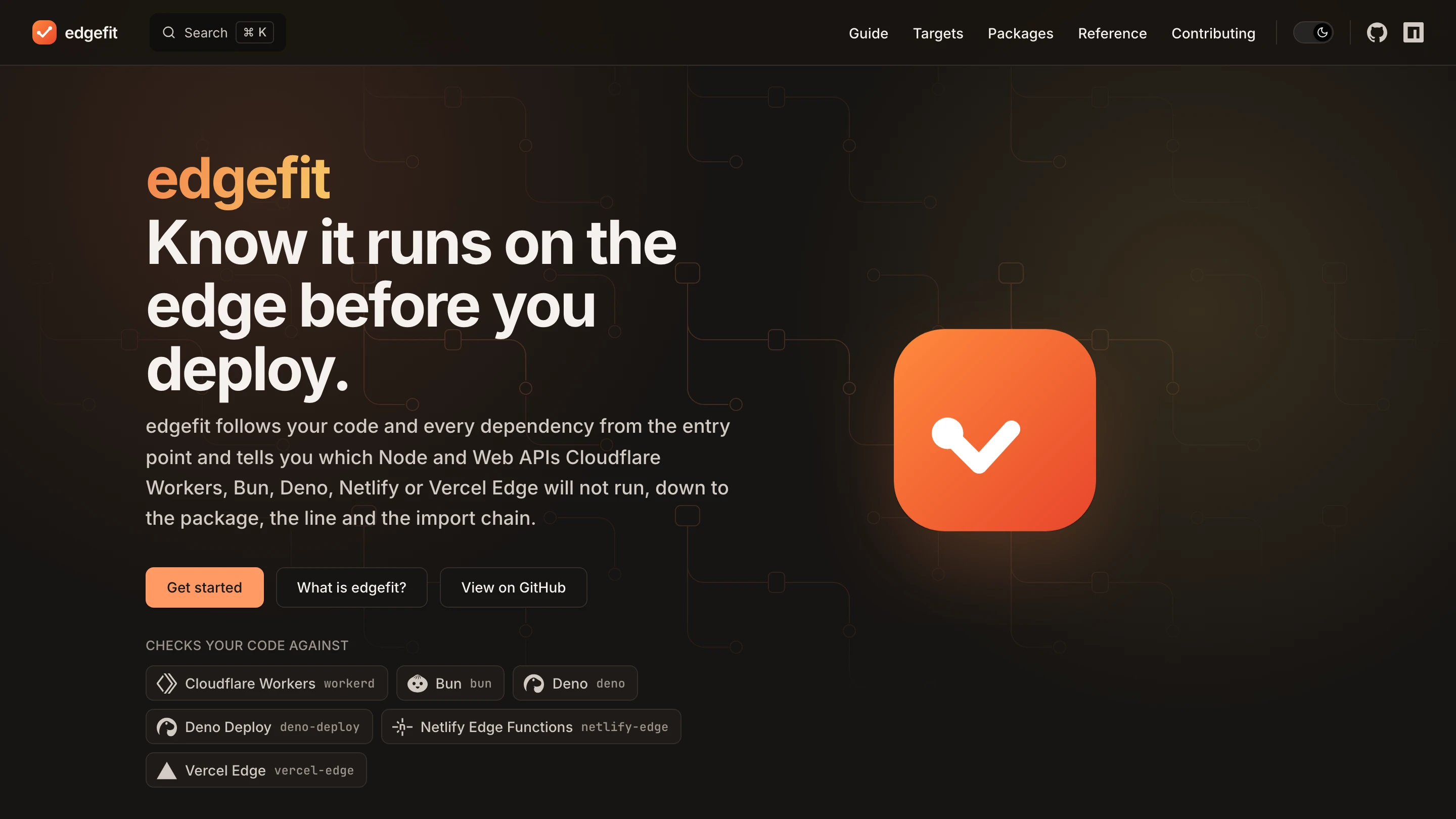 The edgefit documentation home page. The tagline and the six runtimes it checks against.